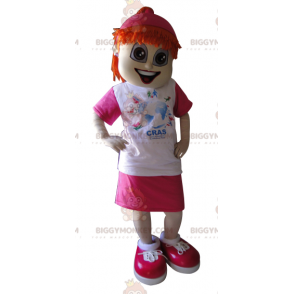 Fato de mascote BIGGYMONKEY™ para ruiva vestida de rosa e