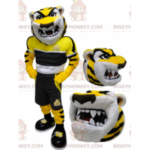 Costume de mascotte BIGGYMONKEY™ de tigre jaune noir et blanc à