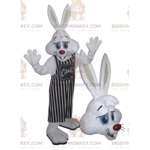 Vit kanin BIGGYMONKEY™ maskotdräkt med randigt förkläde -