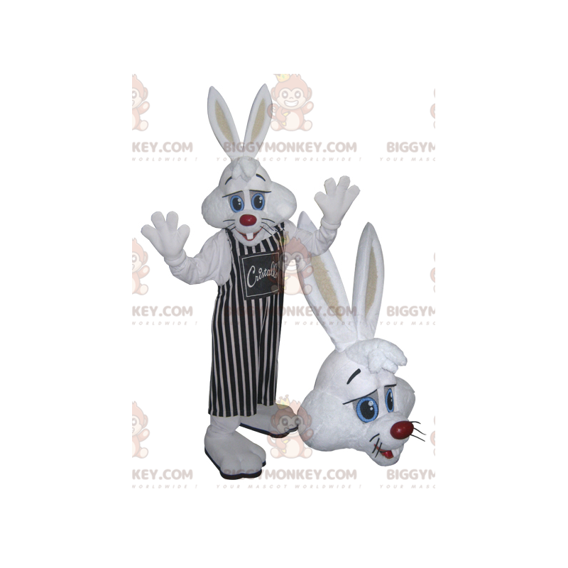 Costume de mascotte BIGGYMONKEY™ de lapin blanc avec un tablier