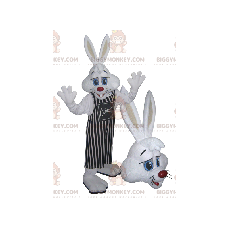 Wit konijn BIGGYMONKEY™ mascottekostuum met gestreepte schort -