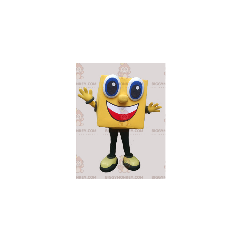 Traje de mascote de homem amarelo quadrado sorridente