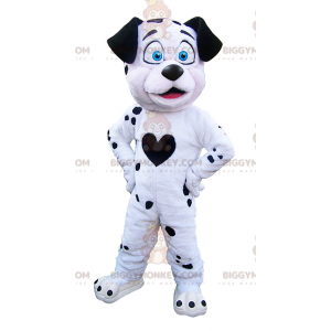 Traje de mascote BIGGYMONKEY™ de cachorro branco e preto.