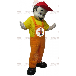 Bruine man in overall BIGGYMONKEY™ mascottekostuum. Monteur