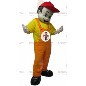 Bruine man in overall BIGGYMONKEY™ mascottekostuum. Monteur