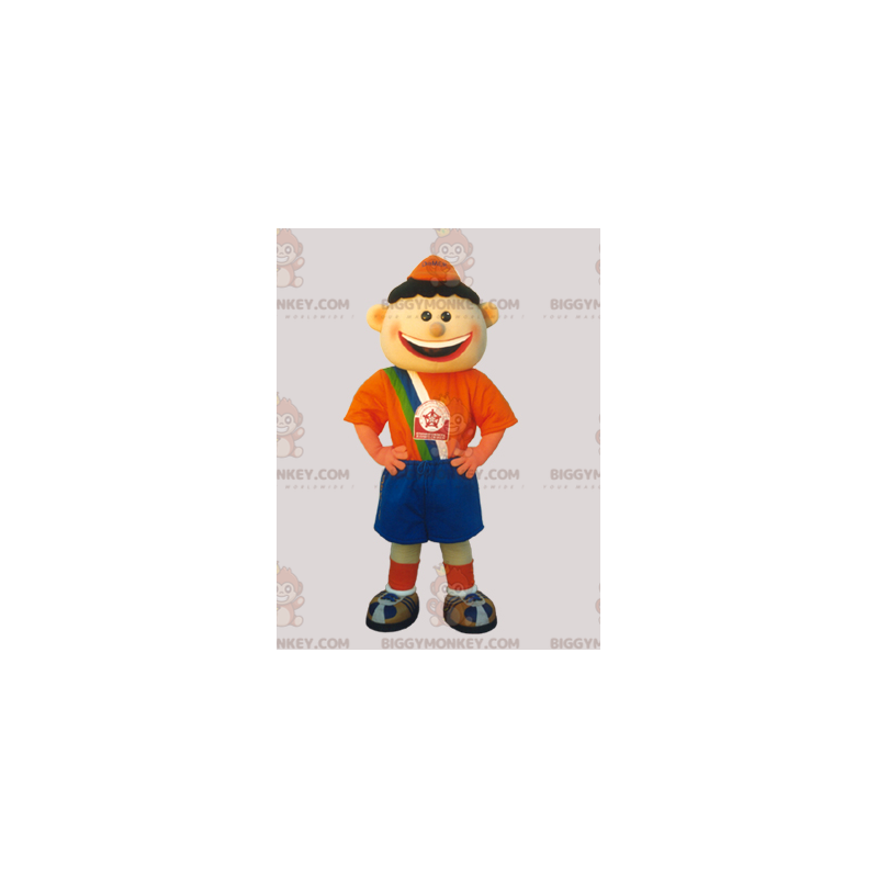 Mascote do Soccer Boy BIGGYMONKEY™ vestido laranja e azul –