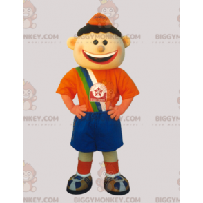 Mascote do Soccer Boy BIGGYMONKEY™ vestido laranja e azul –