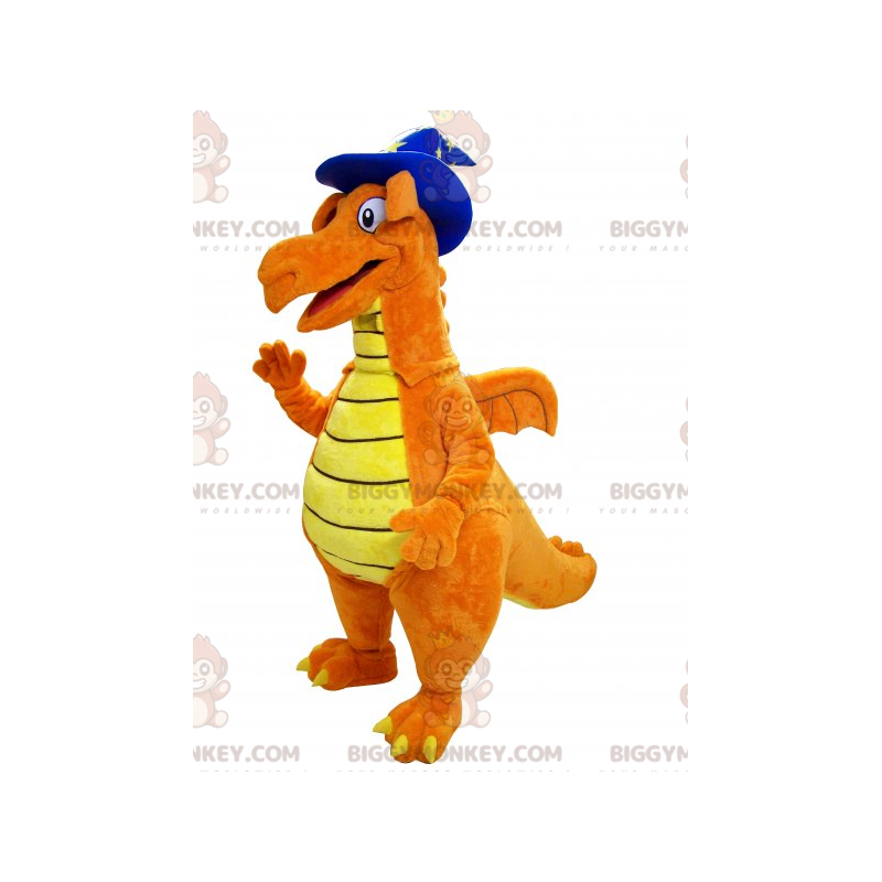 Orange och gul dinosaurie BIGGYMONKEY™ maskotdräkt med spetsig