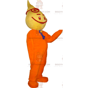 Kostium maskotka bardzo uśmiechnięty żółto-pomarańczowy bałwan