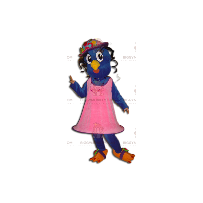Traje de mascote de pássaro azul e amarelo BIGGYMONKEY™ vestido