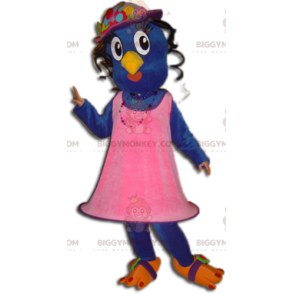 Blå och gul fågel BIGGYMONKEY™ maskotdräkt klädd i rosa