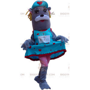 BIGGYMONKEY™-mascottekostuum van grijze zeeleeuw, gekleed in