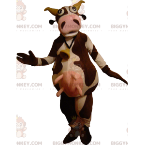 Traje de mascote muito engraçado de vaca marrom e branca