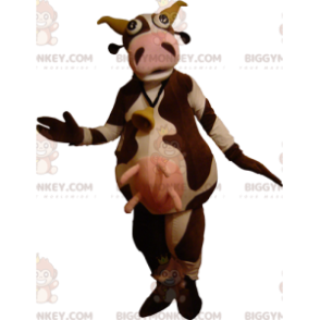 Bardzo zabawny kostium maskotki brązowo-białej krowy