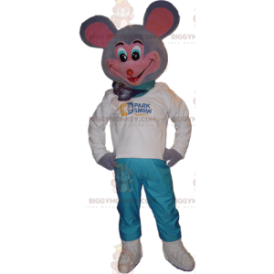 Bardzo zabawny kostium maskotki szaro-różowej myszy