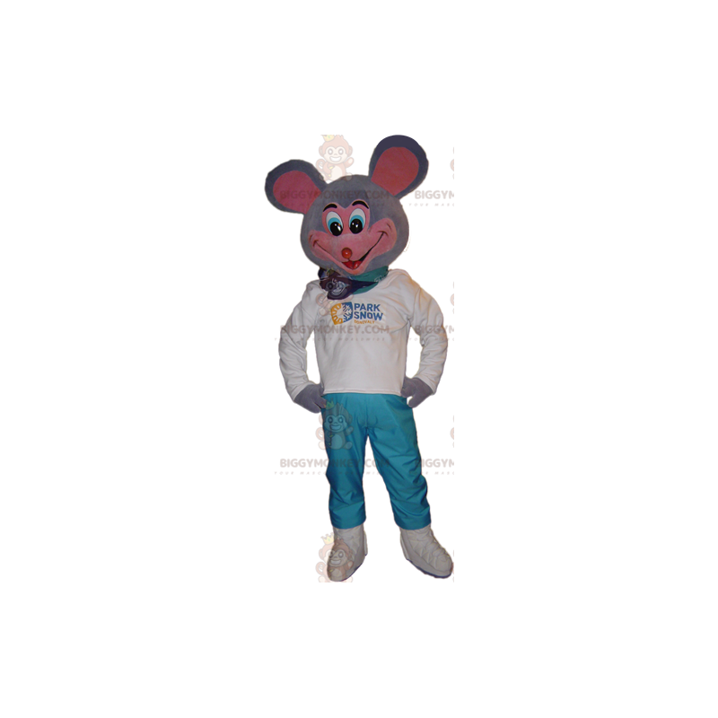 Bardzo zabawny kostium maskotki szaro-różowej myszy