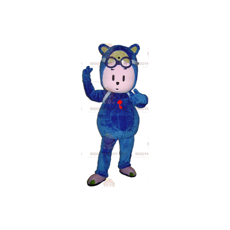 Blauer Teddybär-Mann BIGGYMONKEY™ Maskottchen-Kostüm mit Brille