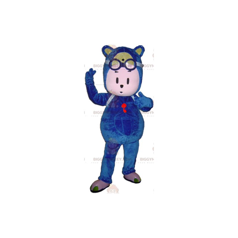 Blauwe teddybeer man BIGGYMONKEY™ mascottekostuum met bril -