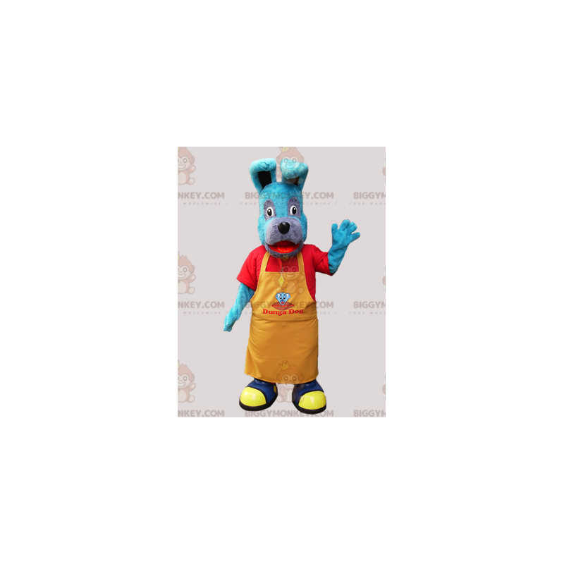 Blauer Hund BIGGYMONKEY™ Maskottchen-Kostüm mit gelber Schürze