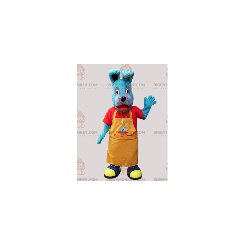 Costume de mascotte BIGGYMONKEY™ de chien bleu avec un tablier