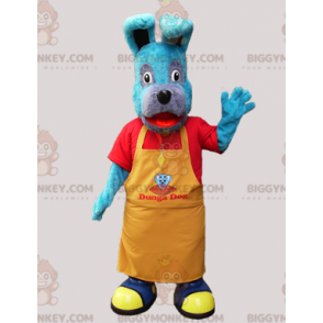 Blå hund BIGGYMONKEY™ maskotdräkt med gult förkläde -