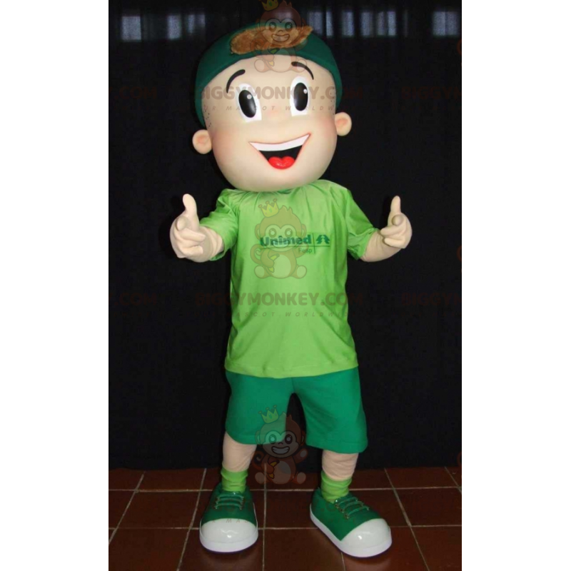 Tonårspojke BIGGYMONKEY™ maskotdräkt klädd i grönt -