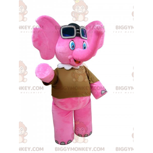 Pink Elephant BIGGYMONKEY™ Mascot Costume with Aviator Goggles