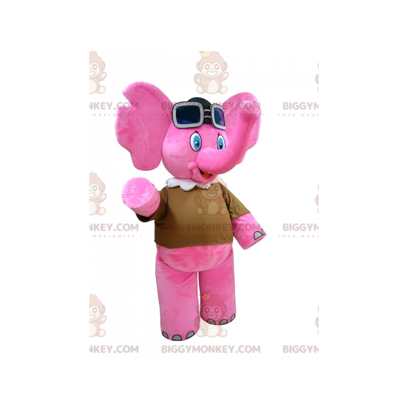 Κοστούμι μασκότ ροζ ελέφαντα BIGGYMONKEY™ με γυαλιά αεροπόρου -