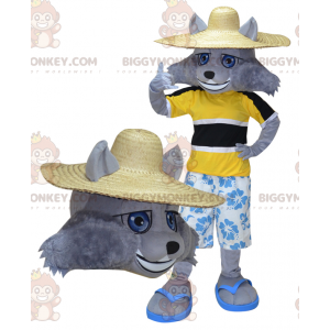 BIGGYMONKEY™ Maskotkostume Grå Wolf Vacationer Outfit -