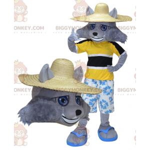 BIGGYMONKEY™ Maskottchenkostüm Grauer Wolf Urlauber Outfit -