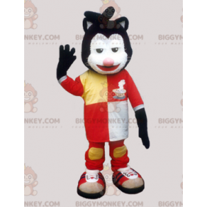 Ασπρόμαυρη στολή μασκότ γάτας BIGGYMONKEY™ με πολύχρωμη στολή -