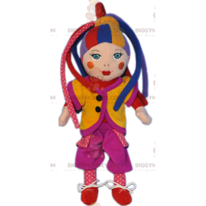 Zeer kleurrijk harlekijnpop-clown BIGGYMONKEY™-mascottekostuum