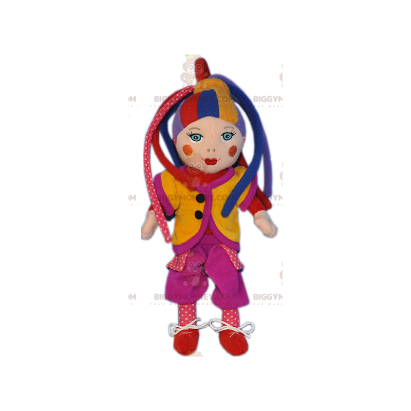 Mycket färgglad Harlequin Doll Clown BIGGYMONKEY™ maskotdräkt -