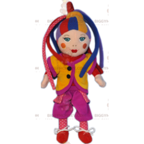 Zeer kleurrijk harlekijnpop-clown BIGGYMONKEY™-mascottekostuum