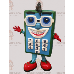 Blauw-groene rekenmachine BIGGYMONKEY™ mascottekostuum met bril