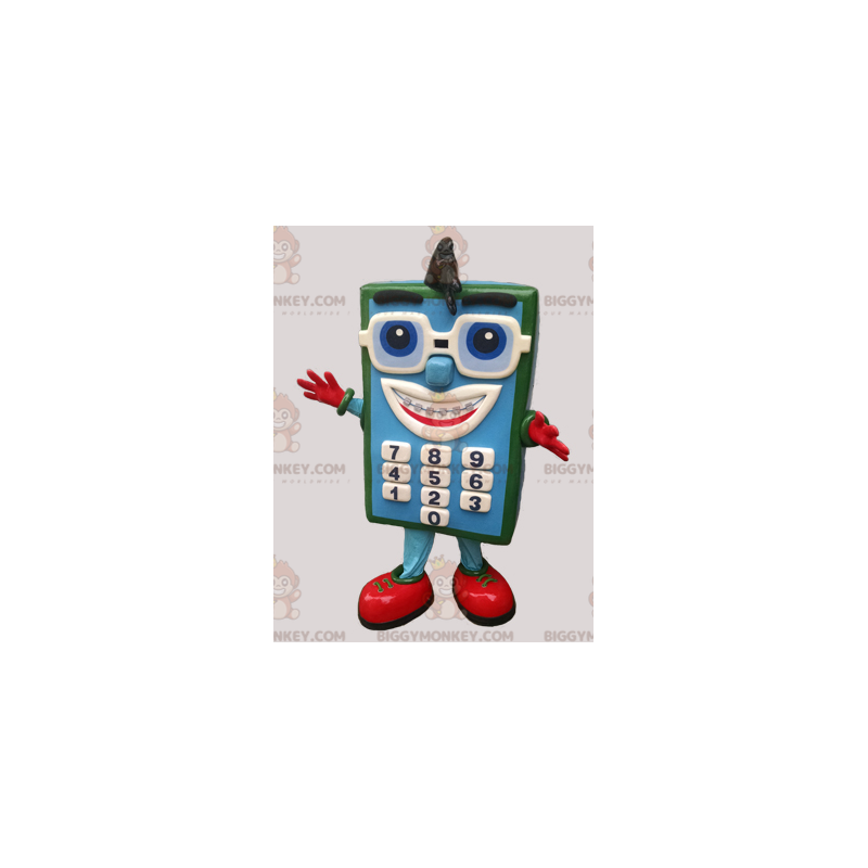 Blauw-groene rekenmachine BIGGYMONKEY™ mascottekostuum met bril