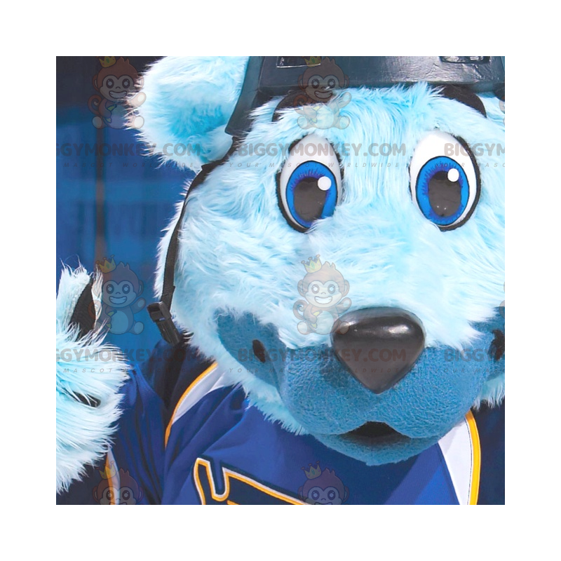 BIGGYMONKEY™ maskotkostume Blå bjørn med blå øjne i sportstøj -