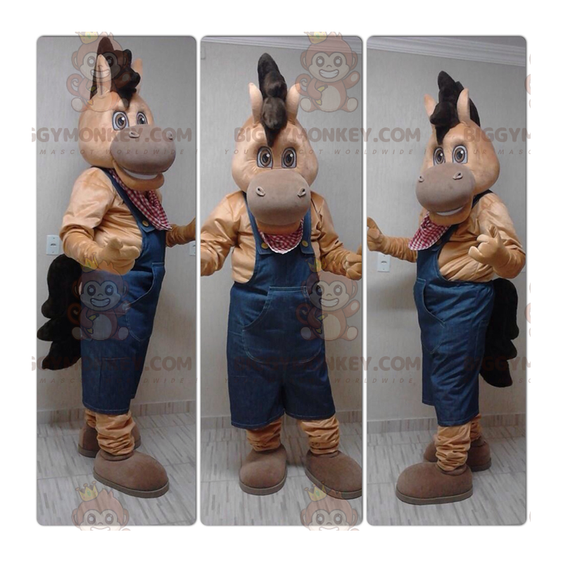 Brown Colt Horse BIGGYMONKEY™ maskotkostume klædt i overalls -