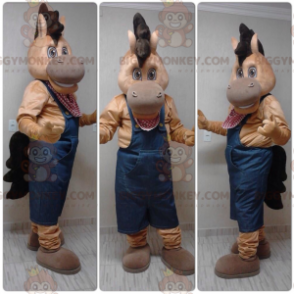 Brown Colt Horse BIGGYMONKEY™ maskotkostume klædt i overalls -