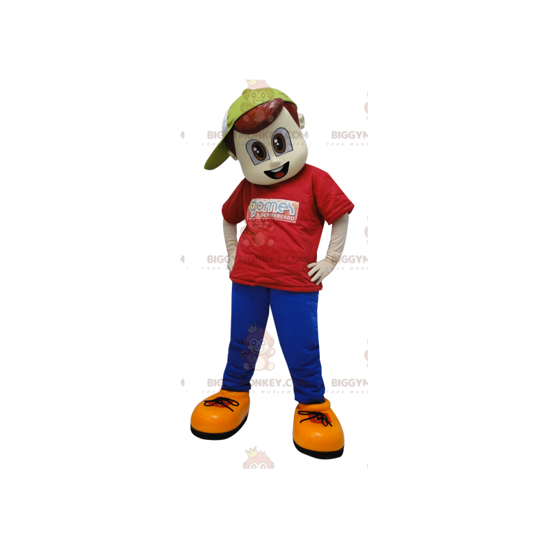 Boy BIGGYMONKEY™ Mascot Costume Dressed in Red and Blue with