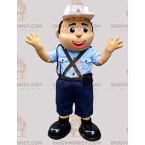Poliisi BIGGYMONKEY™ maskottiasu sinisessä univormussa ja