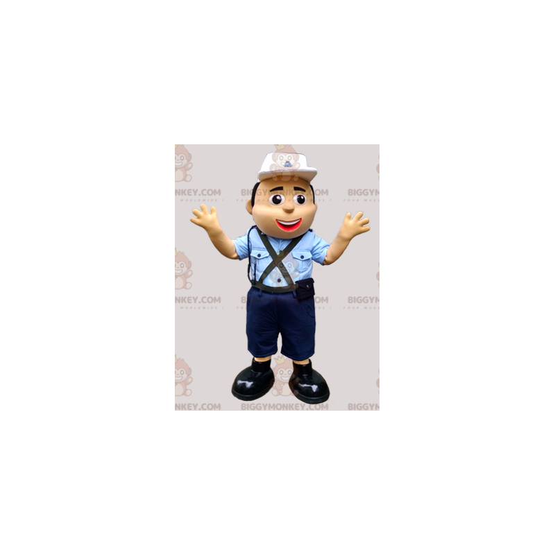 Traje de mascote de policial BIGGYMONKEY™ em uniforme azul com