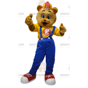 Teddy BIGGYMONKEY™ maskotdräkt klädd i overall med keps -