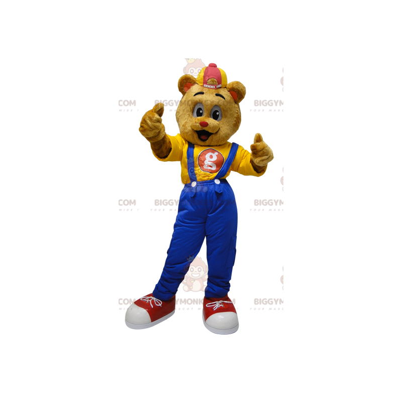 Teddy BIGGYMONKEY™ mascottekostuum gekleed in overall met pet -