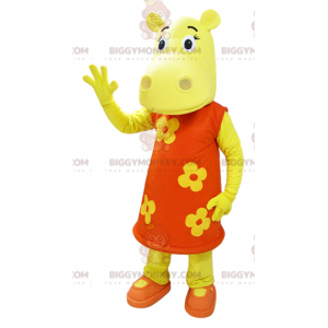 BIGGYMONKEY™ maskotdräkt Gul flodhäst klädd i orange blommig