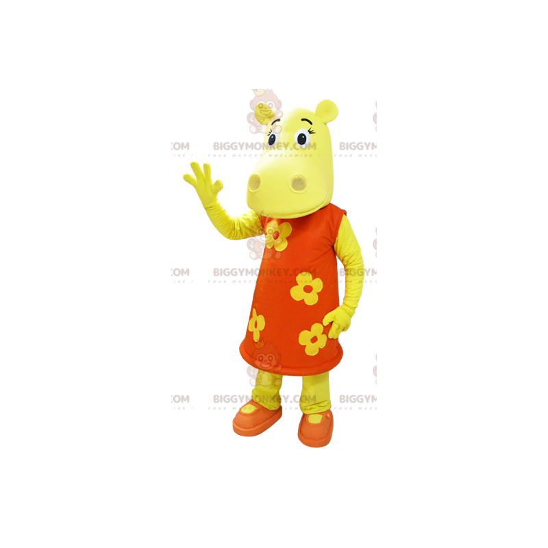 Traje de mascote BIGGYMONKEY™ Hipopótamo amarelo usando vestido