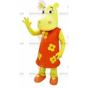 BIGGYMONKEY™ maskotdräkt Gul flodhäst klädd i orange blommig