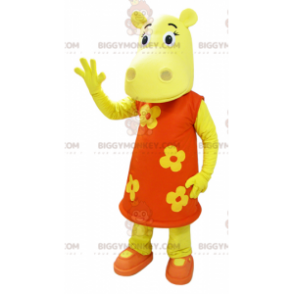 Traje de mascote BIGGYMONKEY™ Hipopótamo amarelo usando vestido