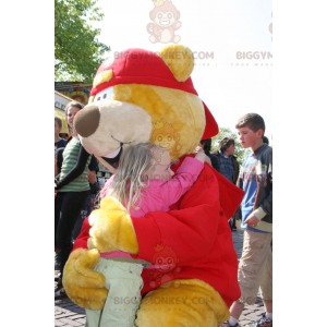 BIGGYMONKEY™ Maskotdräkt för stor gul och röd björn med mössa -