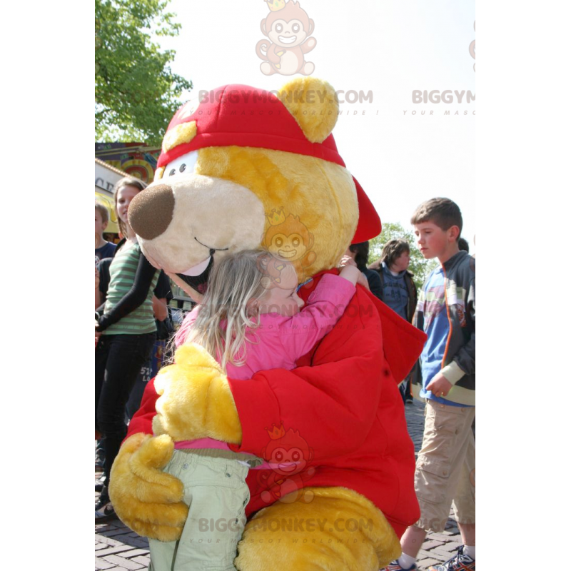 Traje de mascote de urso amarelo e vermelho BIGGYMONKEY™ com